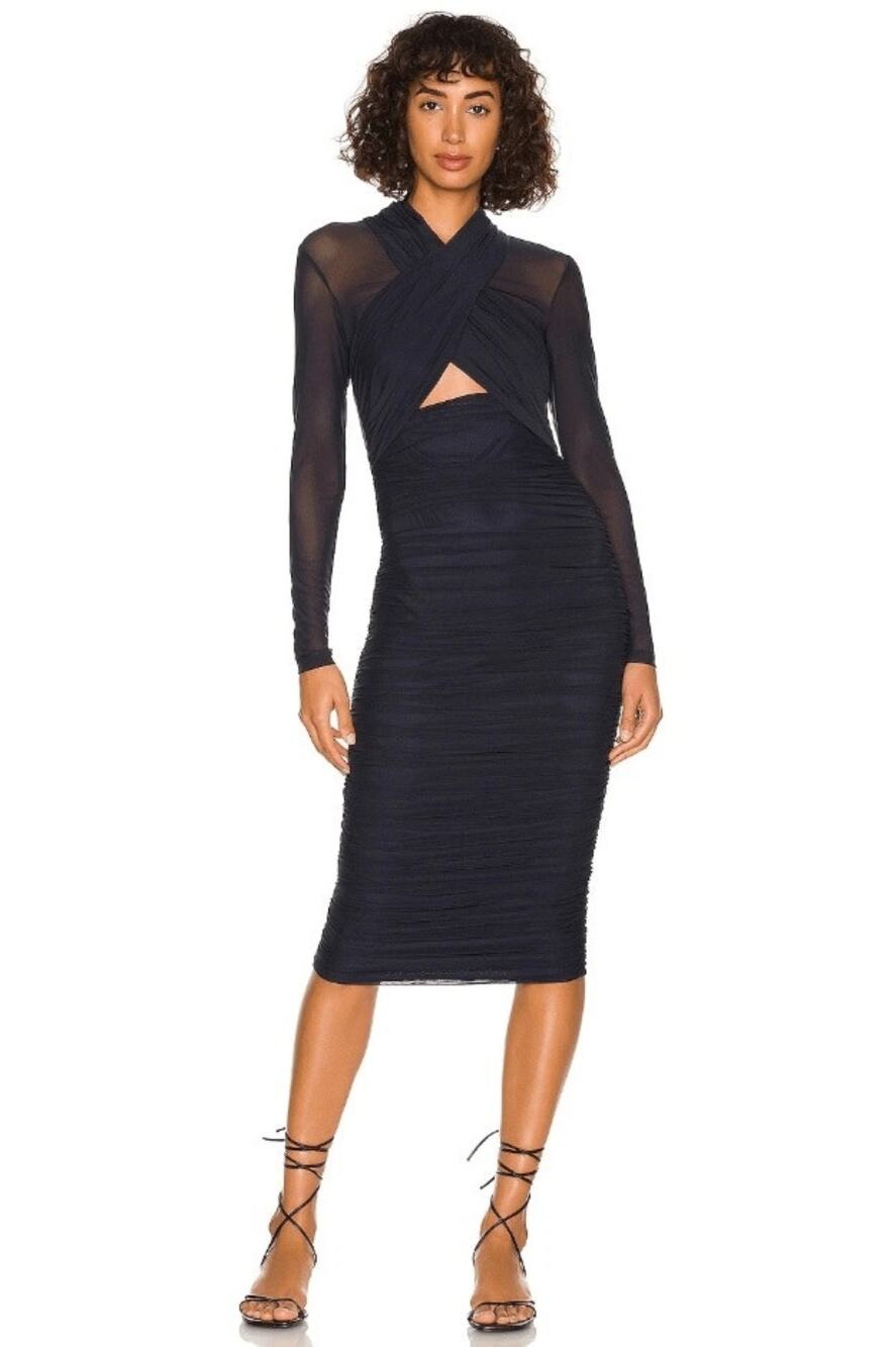 Bardot Women Navy Mesh Aliyah Cocktail Halter Neck Midi Bodycon Dress Size XS